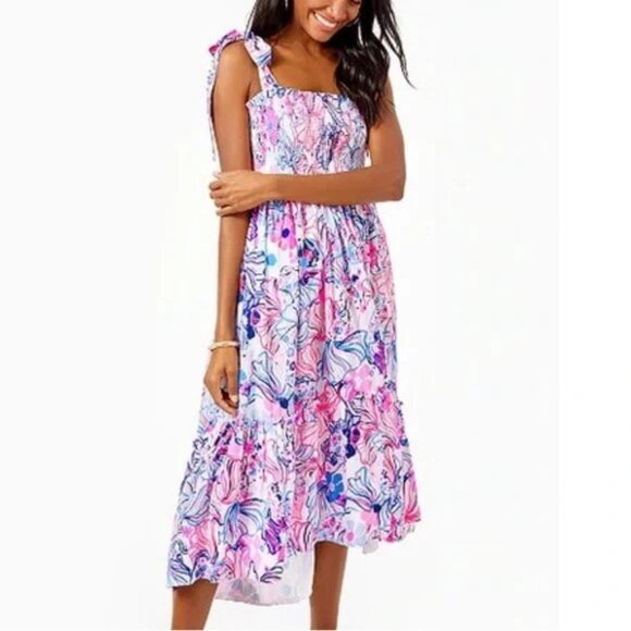 *Lilly Pulitzer Rivera Smocked Midi Dress in Make a Splash Prosecco Pink Size S - Picture 3 of 13